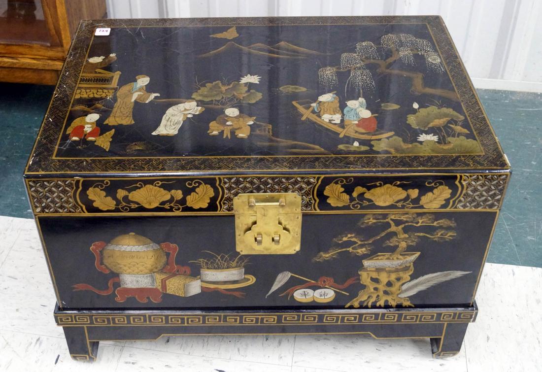 CHINESE DECORATED LACQUER TRUNK. HEIGHT 18"; WIDTH 26" (1 of 1)