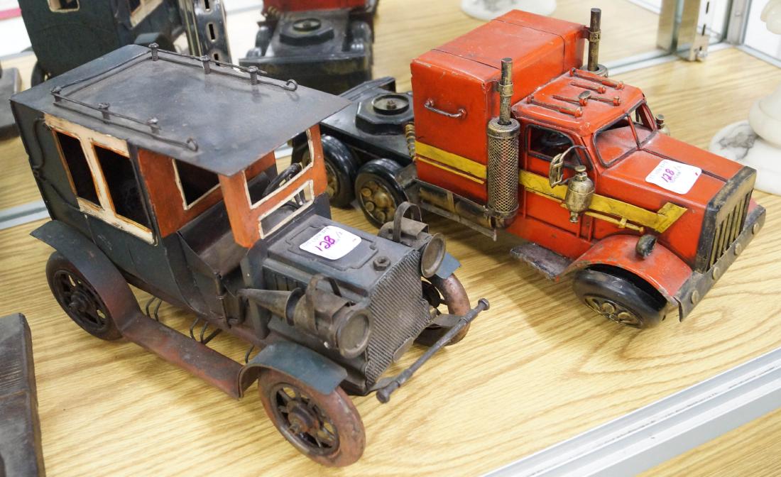 LOT (2) VINTAGE TIN TOYS INCLUDING TRACTOR TRAILER: LOT (2) VINTAGE TIN TOYS INCLUDING TRACTOR TRAILER, HEIGHT 6"; LENGTH 14"
