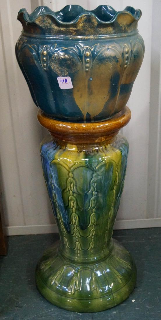 VINTAGE MAJOLICA PLANT STAND WITH MARRIED PLANTER. (1 of 1)