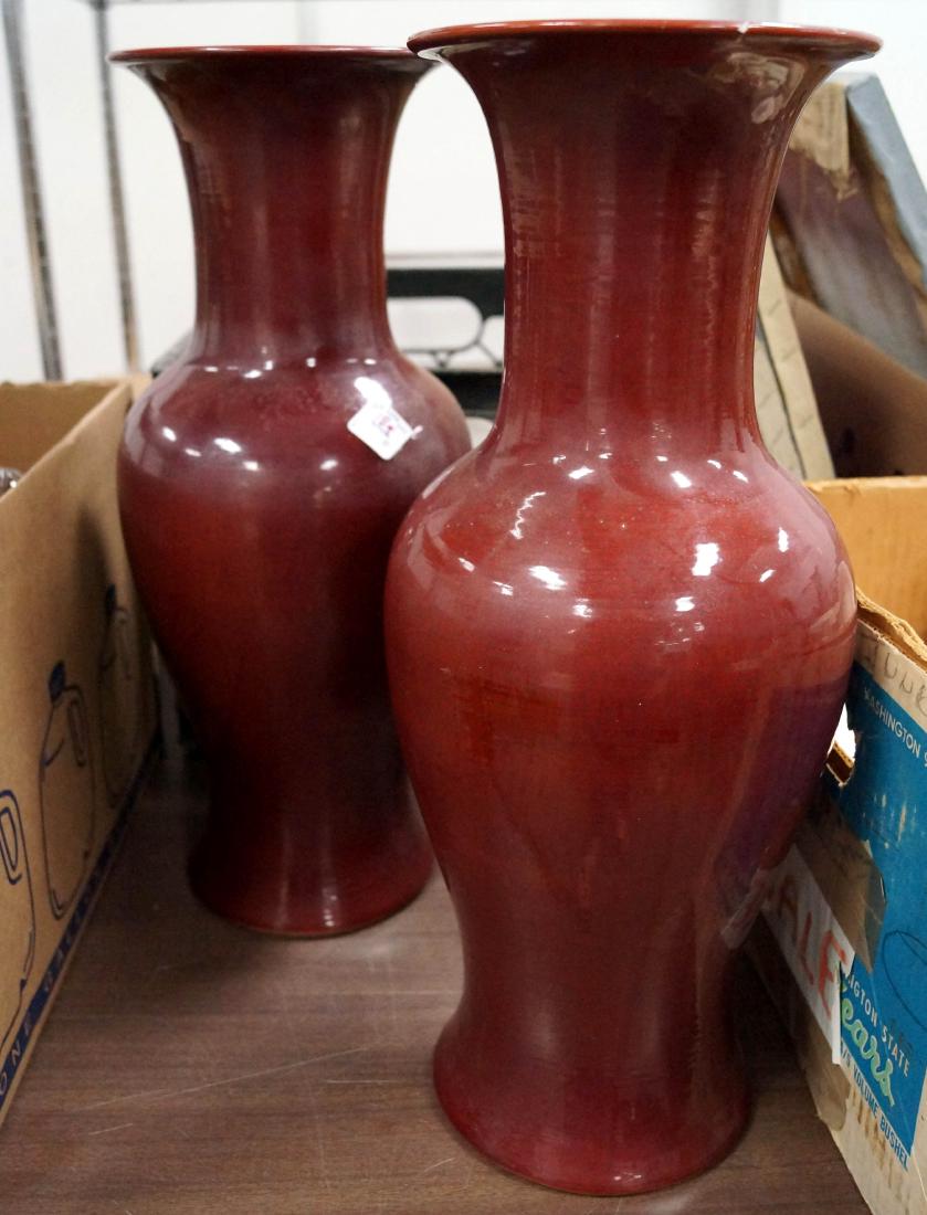 PAIR SANG DU BOEUF STYLE VASES, DRILLED AS LAMP BASES.: PAIR SANG DU BOEUF STYLE VASES, DRILLED AS LAMP BASES. HEIGHT 18"
