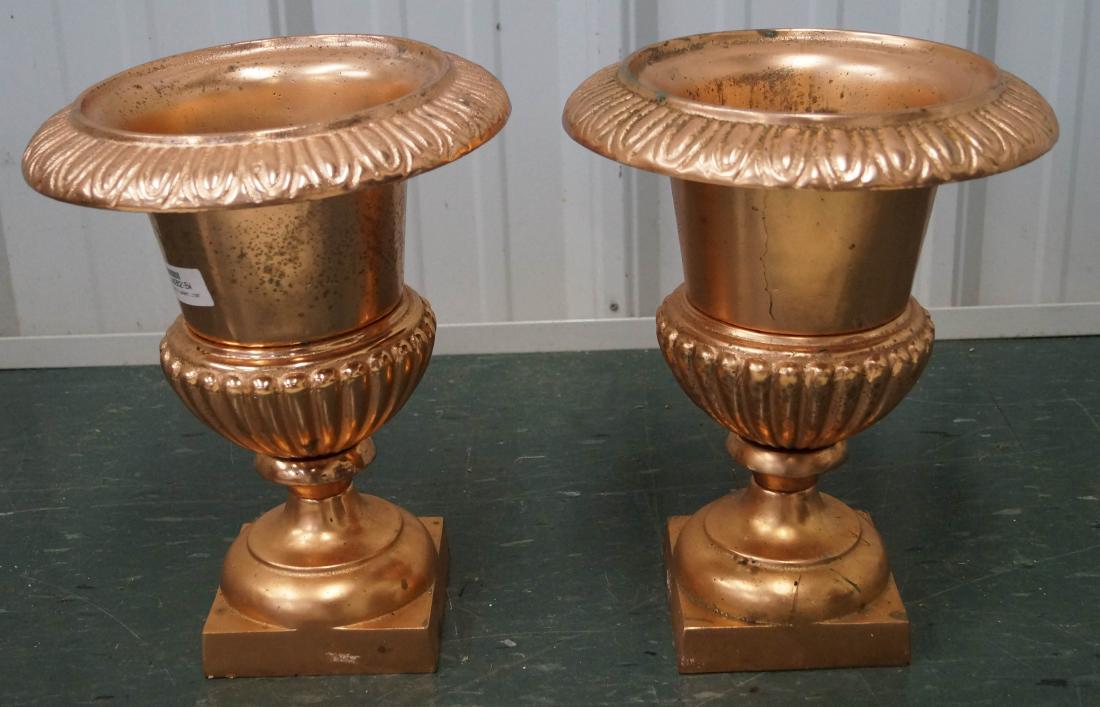 PAIR COPPER PLATED CAST IRON CAMPARA URNS. HEIGHT 15" (1 of 1)