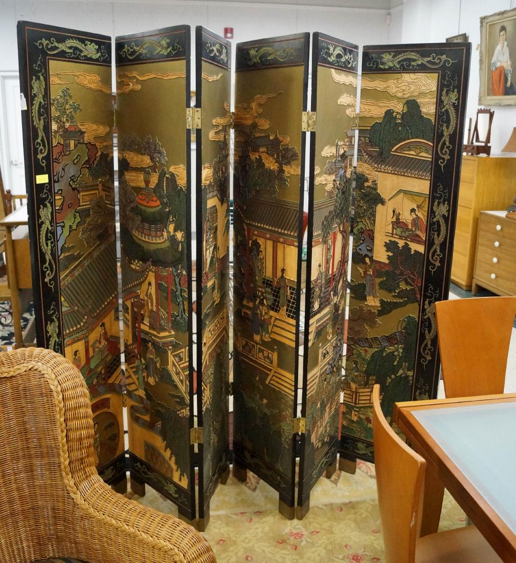 MID-CENTURY JAPANESE CARVED AND LACQUERED 6-PANEL (1 of 2)