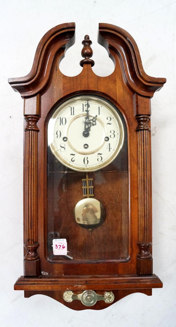 SLIGH CHERRY REGULATOR WALL CLOCK WITH WESTMINSTER: SLIGH CHERRY REGULATOR WALL CLOCK WITH WESTMINSTER CHIMES. HEIGHT 21"