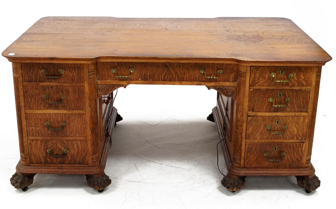 CLASSICAL STYLE CARVED OAK PARTNERS DESK. HEIGHT 30"; (1 of 1)