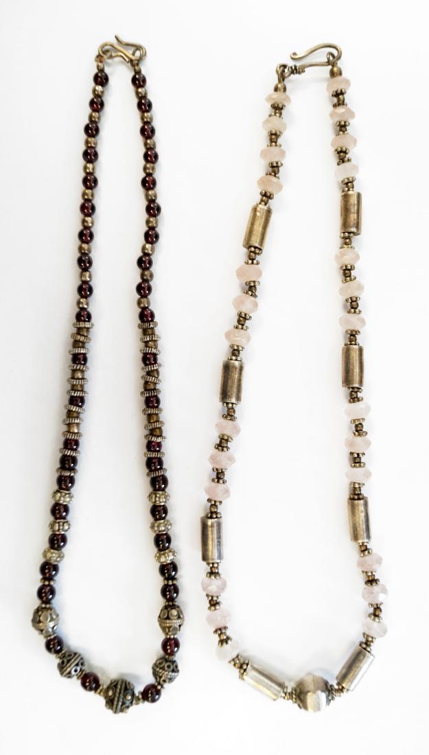 LOT (2) SILVER, ROSE QUARTZ AND GARNET NECKLACES. (1 of 2)