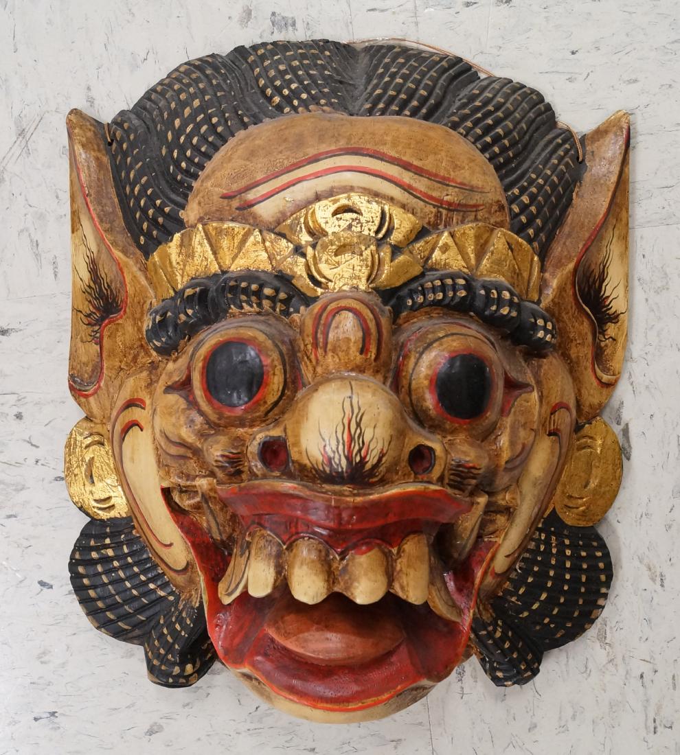 BALINESE CARVED, PAINTED AND GILT OGRE MASK. HEIGHT 13: BALINESE CARVED, PAINTED AND GILT OGRE MASK. HEIGHT 13 1/2"