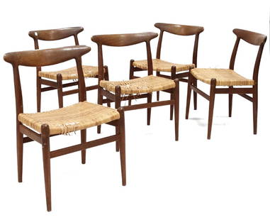 SET (5) HANS WEGNER DESIGN TEAK CHAIRS, FOR POVL: SET (5) HANS WEGNER DESIGN TEAK CHAIRS, FOR POVL DINESEN (AS IS)