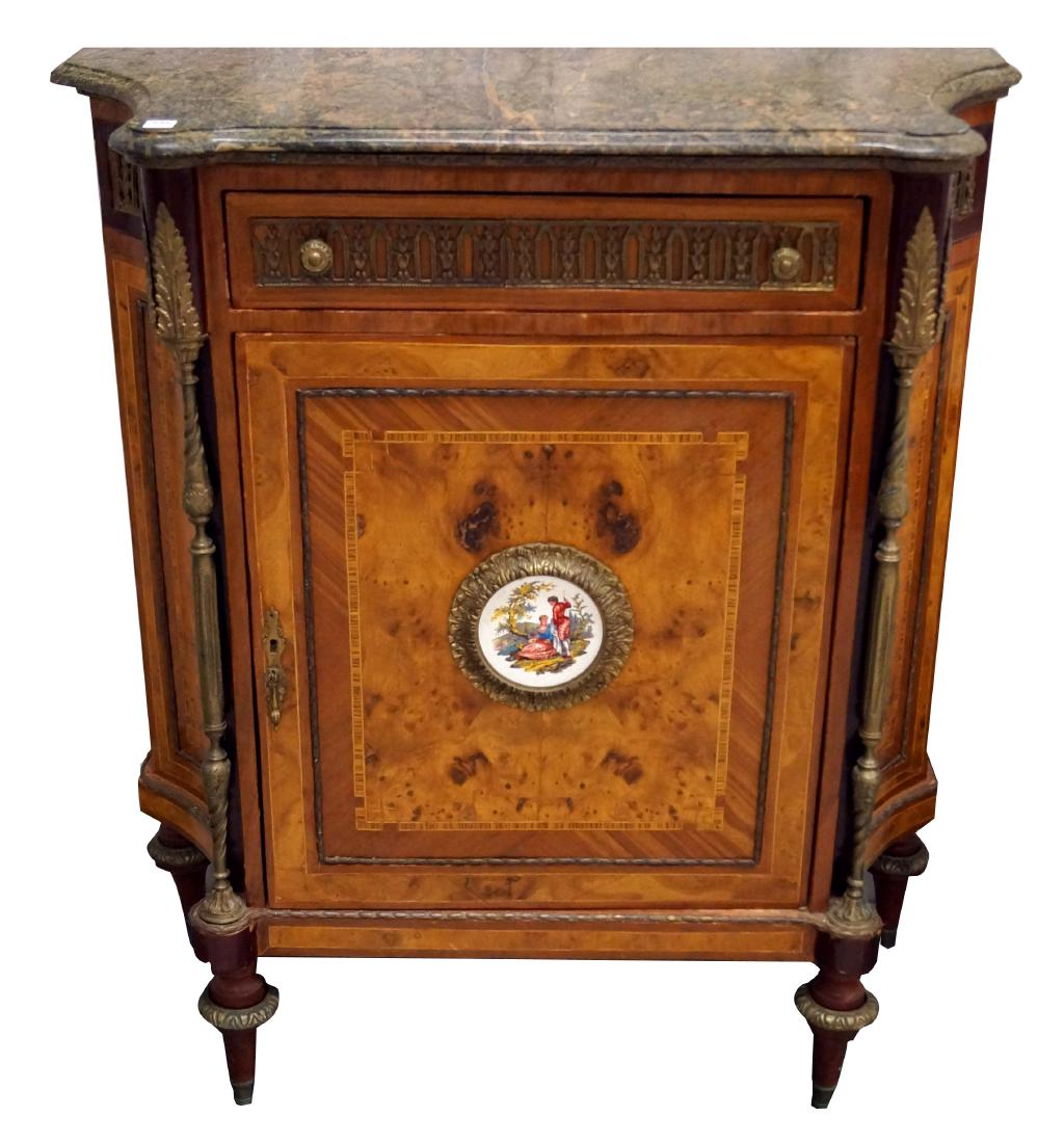LOUIS PHILIPPE STYLE BURL INLAID CABINET WITH ORMOLU: LOUIS PHILIPPE STYLE BURL INLAID CABINET WITH ORMOLU MOUNTS AND MARBLE TOP. HEIGHT 42"; WIDTH 38"