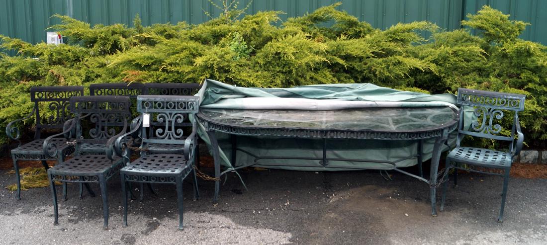 PATINATED ALUMINUM GARDEN DINING TABLE WITH PLATE GLASS (1 of 3)