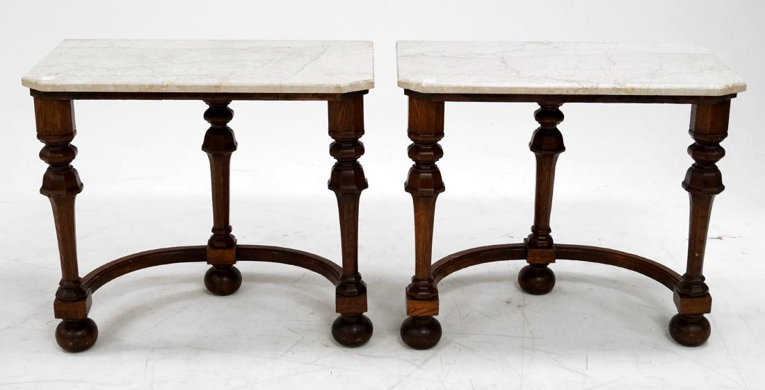 PAIR CHARLES II STYLE CARVED OAK MARBLE-TOP STANDS. (1 of 2)