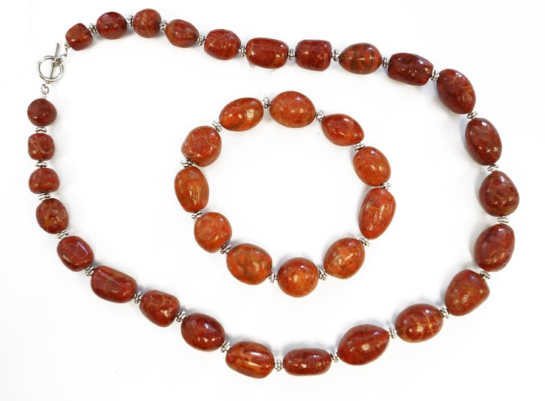 LOT (2) SILVER AND CORAL BEADED NECKLACE, LENGTH 20" (1 of 2)