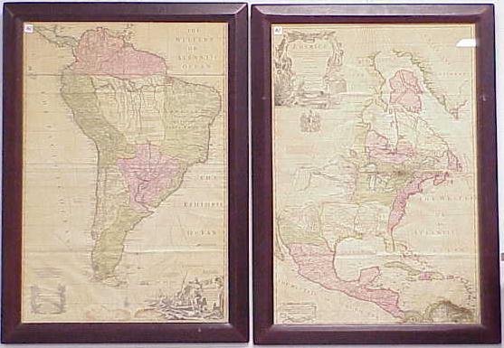 PAIR HANDCOLORED STEEL ENGRAVED MAPS: PAIR HANDCOLORED STEEL ENGRAVED MAPS NORTH AND SOUTH AMERICA, JOHN SENEX, 1710 38 X 27" FRAMED **DUE TO THE SIZE AND/OR FRAGILITY OF THIS LOT, STANDARD IN HOUSE SHIPPING IS NOT AVAILABLE. THE BUYER IS