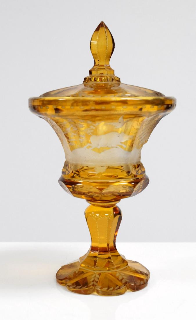 AMBER ETCHED BOHEMIAN GLASS POKAL. HEIGHT 10 1/4": AMBER ETCHED BOHEMIAN GLASS POKAL. HEIGHT 10 1/4"