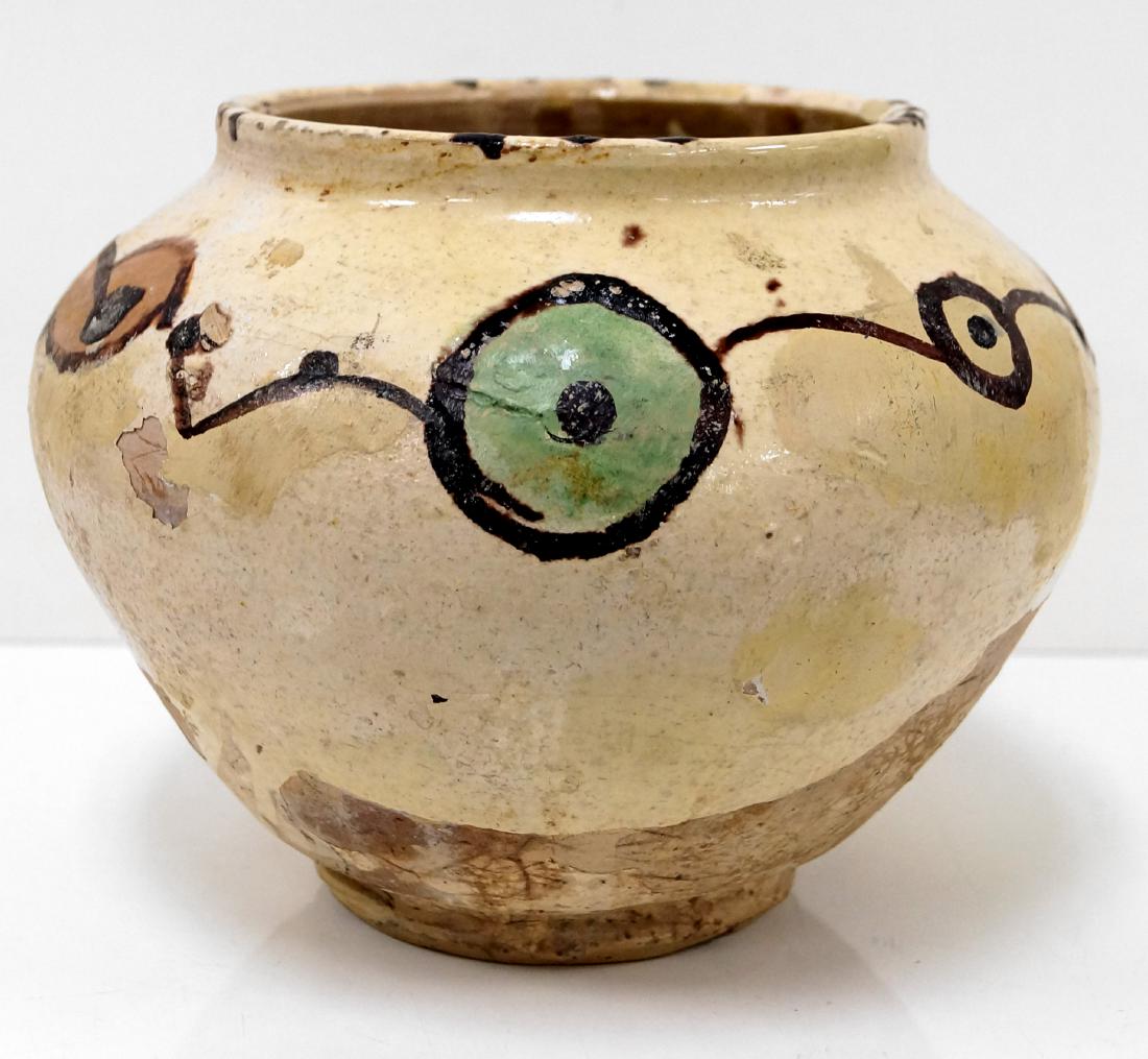 ISLAMIC GLAZED POTTERY JAR, NISHAPUR. HEIGHT 5 1/2" (1 of 2)