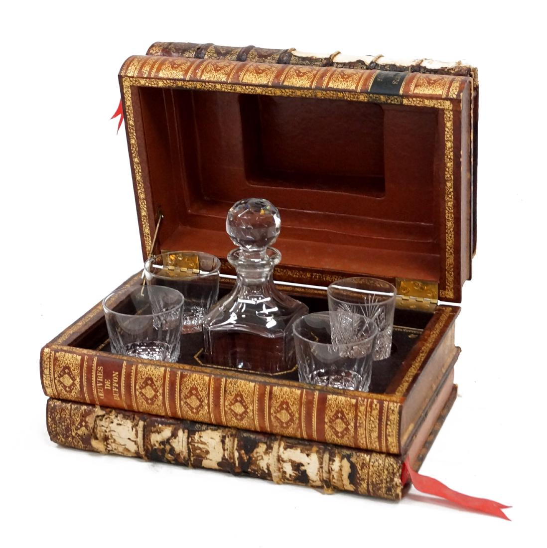 BACCARAT LEATHER BOUND BOOK BAR WITH DECANTER AND (1 of 5)