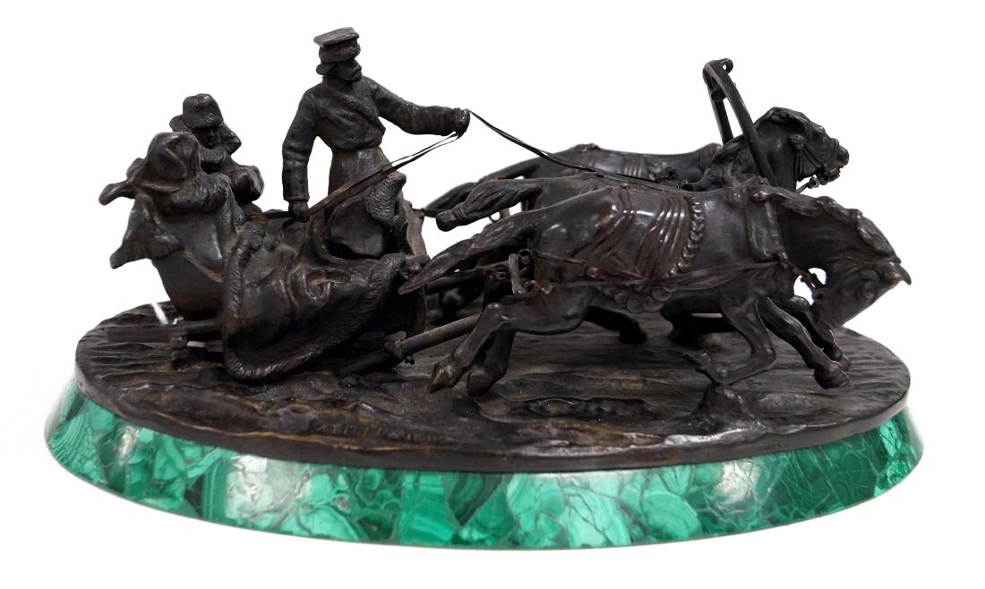 AFTER VASSILI YACOVLEVITCH GRACHEV (RUSSIAN 1831-1905),: AFTER VASSILI YACOVLEVITCH GRACHEV (RUSSIAN 1831-1905), BRONZE, WINTER TROIKA, SIGNED. LENGTH 9 3/4" MALACHITE BASE