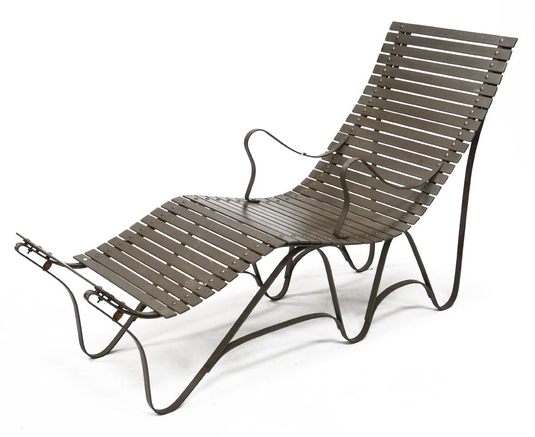 IRON SLAT CHAISE LOUNGE, SIGNED ETHERTON. HEIGHT 39";: IRON SLAT CHAISE LOUNGE, SIGNED ETHERTON. HEIGHT 39"; WIDTH 24"; LENGTH 68"