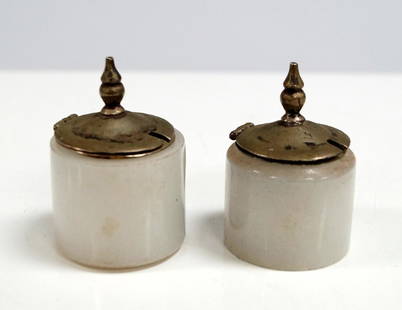 PAIR CHINESE WHITE JADE AND SILVER CONDIMENTS, SIGNED: PAIR CHINESE WHITE JADE AND SILVER CONDIMENTS, SIGNED SF (SING FAT, CANTON), EARLY 20TH CENTURY. HEIGHT 2"