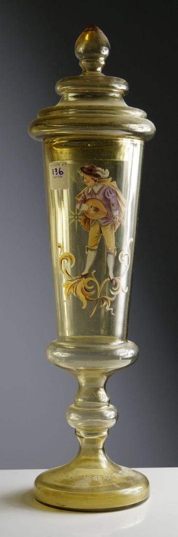 CONTINENTAL ENAMEL DECORATED GLASS POKAL, 19TH CENTURY.: CONTINENTAL ENAMEL DECORATED GLASS POKAL, 19TH CENTURY. HEIGHT 18"