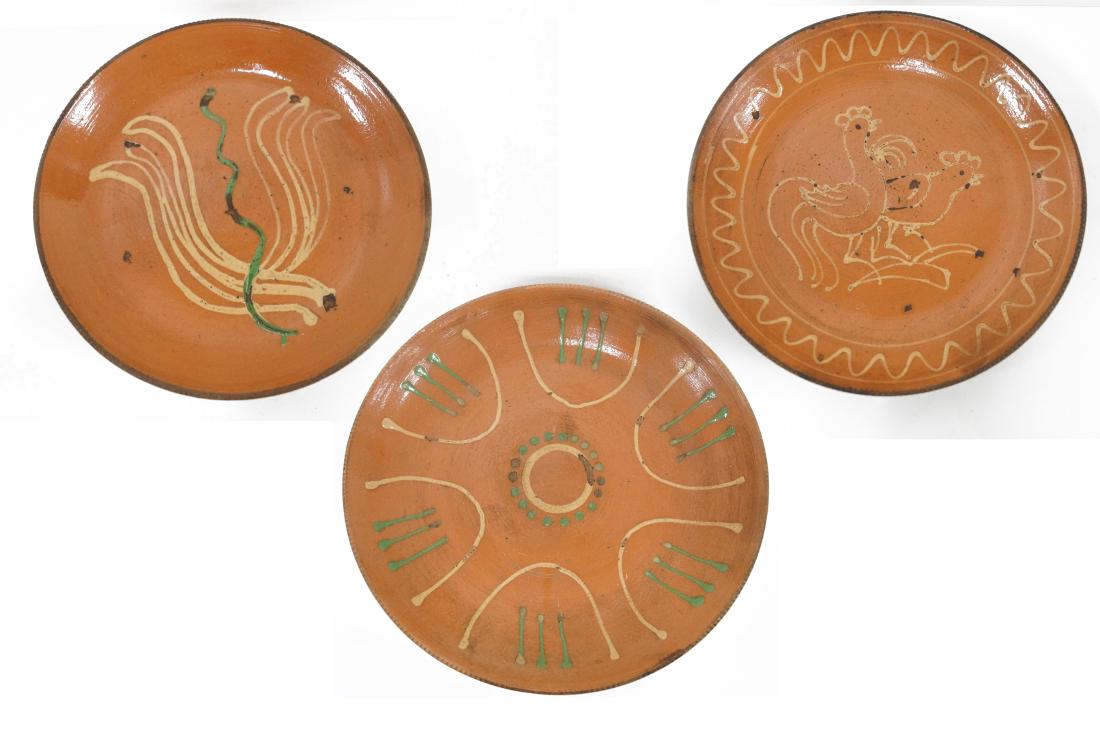 LOT (3) SLIP DECORATED REDWARE PLATES. LENGTH 9 3/4 - (1 of 1)