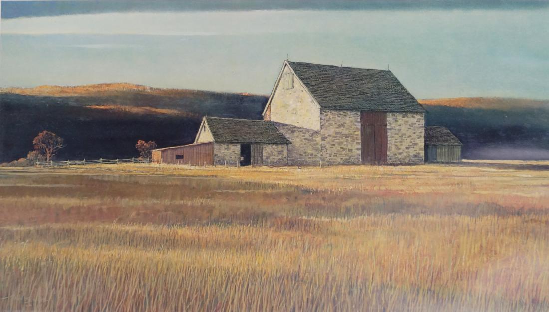 ERIC SLOANE (AMERICAN 1905-1985), HAND SIGNED OFFSET: ERIC SLOANE (AMERICAN 1905-1985), HAND SIGNED OFFSET LITHOGRAPH, "DUTCH STONE BARN", #142/150 1976. SIGHT 14 X 24 1/2"; FRAMED AND GLAZED-22 1/2 X 32"