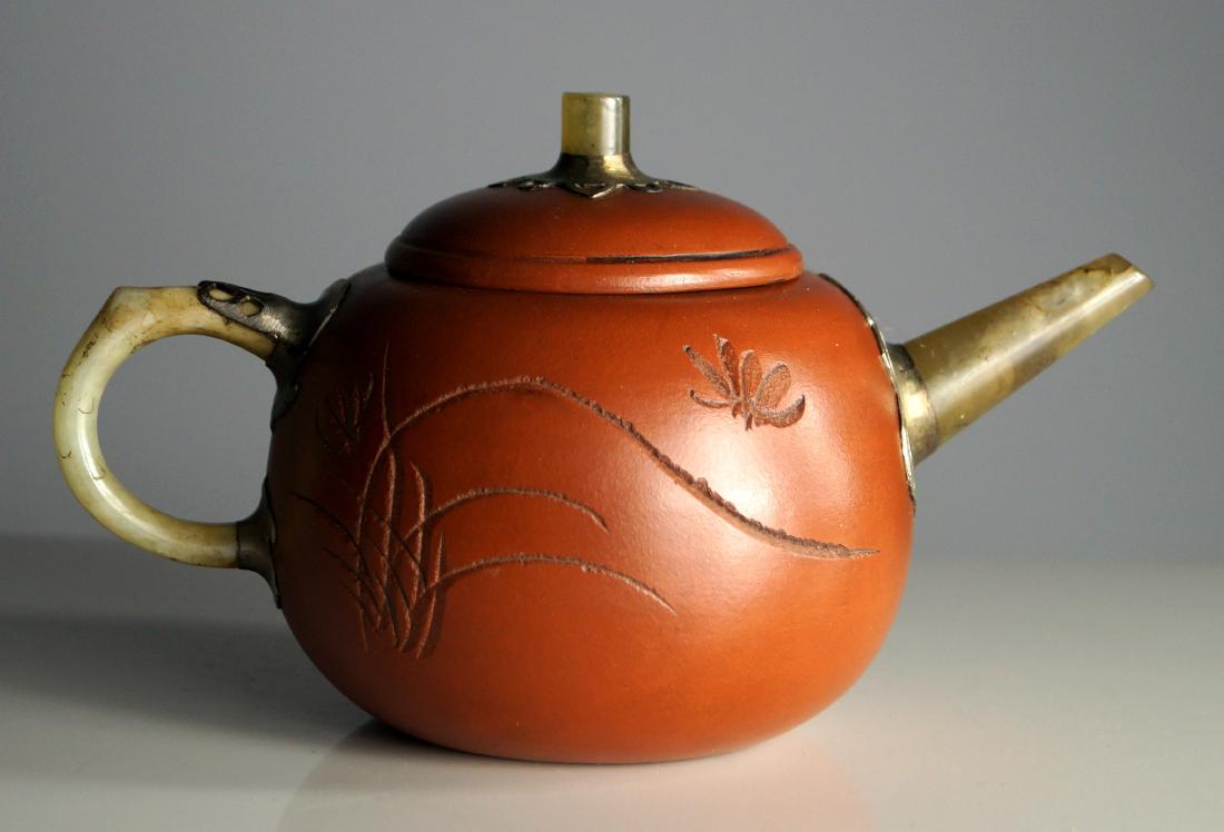 CHINESE YI' XING TEAPOT WITH JADE AND METAL MOUNTINGS, (1 of 2)