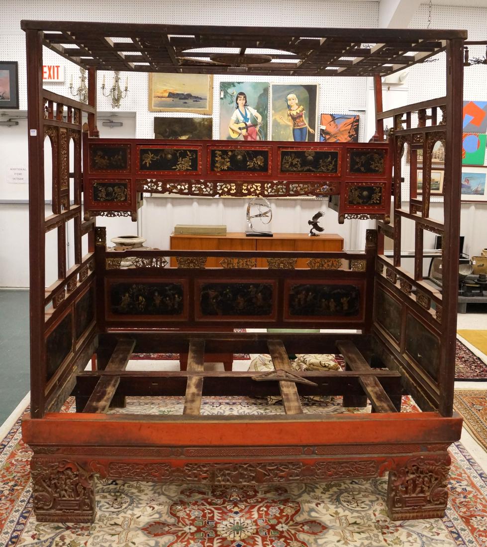 CHINESE CARVED, PAINTED AND LACQUERED OPIUM BED, CHING. (1 of 4)