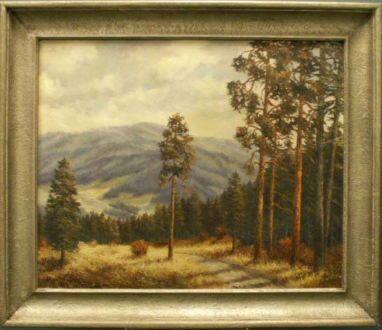 OIL ON ARTIST BOARD, SIGNED MAX WEBER: OIL ON ARTIST BOARD, PANORAMIC MOUNTAIN LANDSCAPE, SIGNED MAX WEBER, (GERMAN, 19/20TH CENTURY). 26 X 31 1/2; FRAMED 32 X 38" **DUE TO THE SIZE AND/OR FRAGILITY OF THIS LOT, STANDARD IN-HOUSE SHIPPING