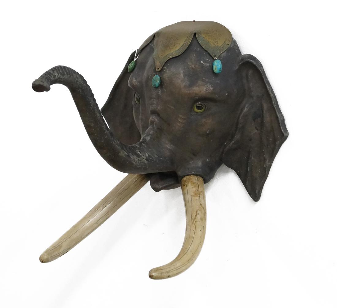 CAST METAL ELEPHANT WALL PLAQUE WITH CARVED WOOD TUSKS (1 of 3)