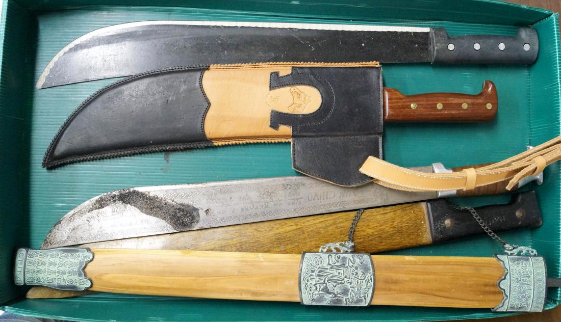 LOT (5) INCLUDING (3) MACHETE'S, LENGTH 23"; JOSE: LOT (5) INCLUDING (3) MACHETE'S, LENGTH 23"; JOSE OJEDA, SABULA CUSTOM MADE SHEATH KNIFE WITH SHEATH, LENGTH 16"; CHINESE SWORD/SCABBARD, LENGTH 27 1/2" (MISSING HANDLE)