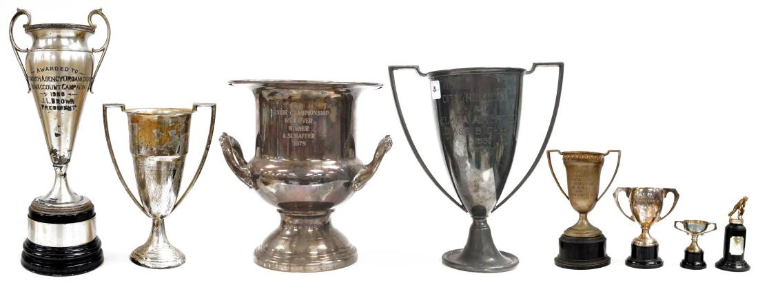 LOT (8) VINTAGE SILVER PLATED TROPHY'S. TALLEST/HEIGHT (1 of 1)