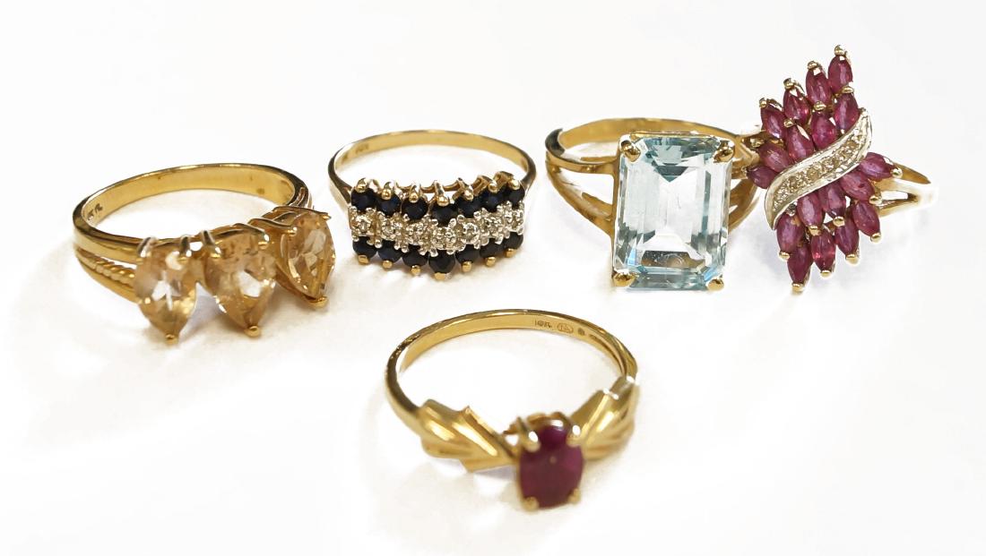LOT (5) 10K YELLOW GOLD GEM-SET RINGS INCLUDING BLUE (1 of 1)