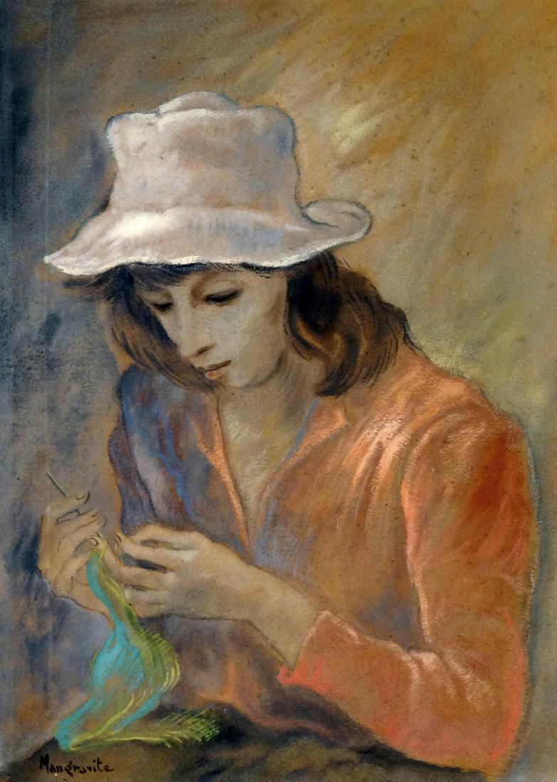 PEPPINO MANGRAVITE (AMERICAN 1896-1978), PASTEL, GIRL: PEPPINO MANGRAVITE (AMERICAN 1896-1978), PASTEL, GIRL WITH A HAT, SIGNED. SIGHT 18 X 12"; FRAMED AND GLAZED-27 1/2 X 21"