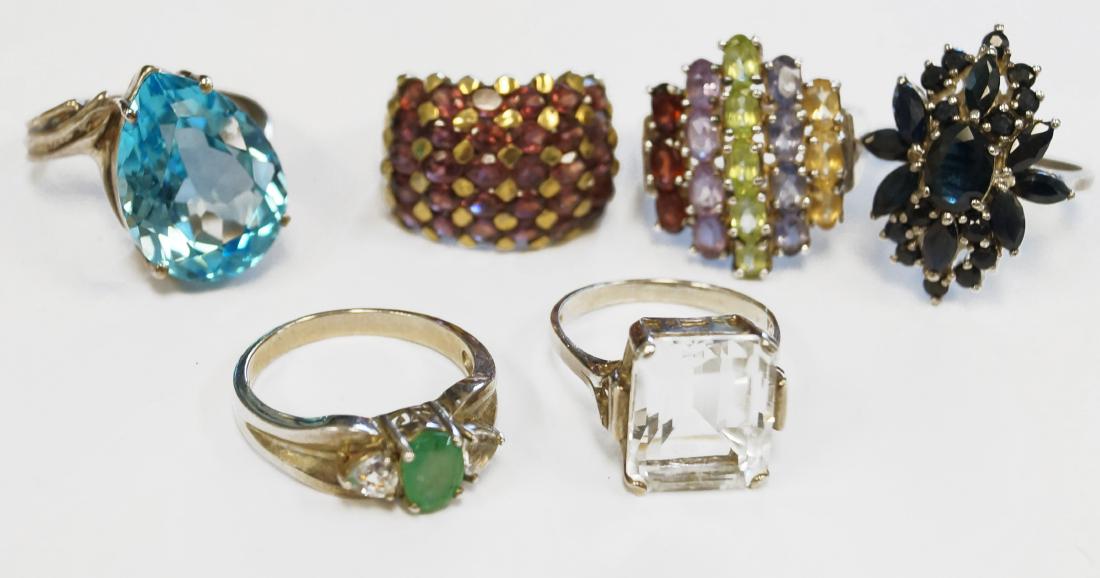 LOT (6) STERLING GEM SET RINGS INCLUDING BLUE SAPPHIRE, (1 of 1)