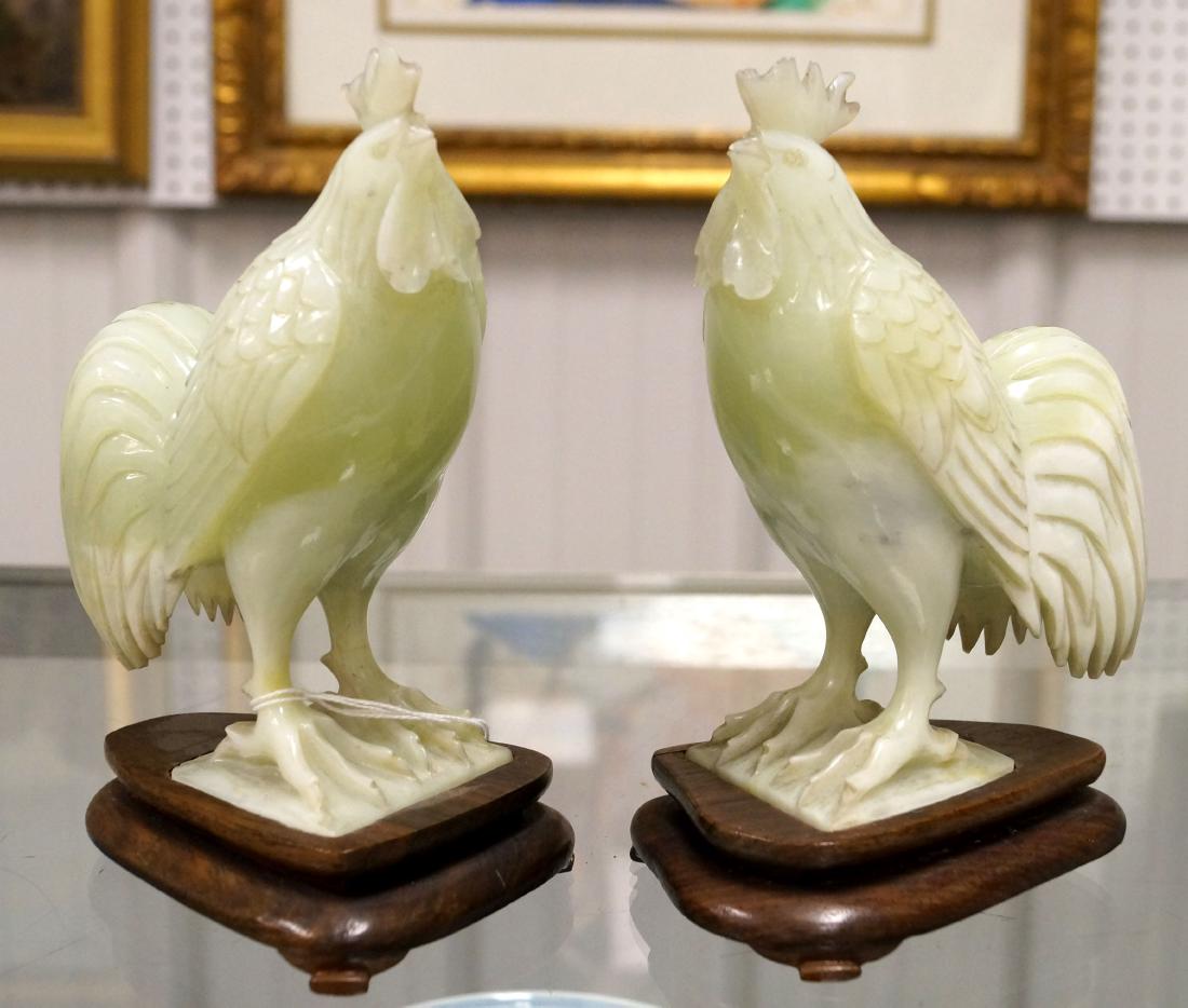 PAIR CHINESE CARVED HARD STONE ROOSTERS ON STANDS.: PAIR CHINESE CARVED HARD STONE ROOSTERS ON STANDS. HEIGHT 6 1/2"