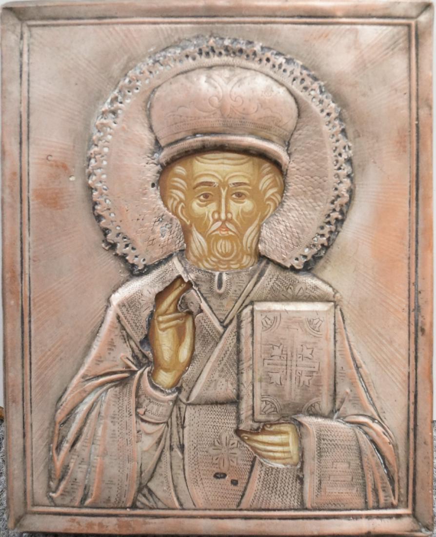 RUSSIAN ICON, ST. NICHOLAS, SIGNED WITH SILVERED COPPER (1 of 1)