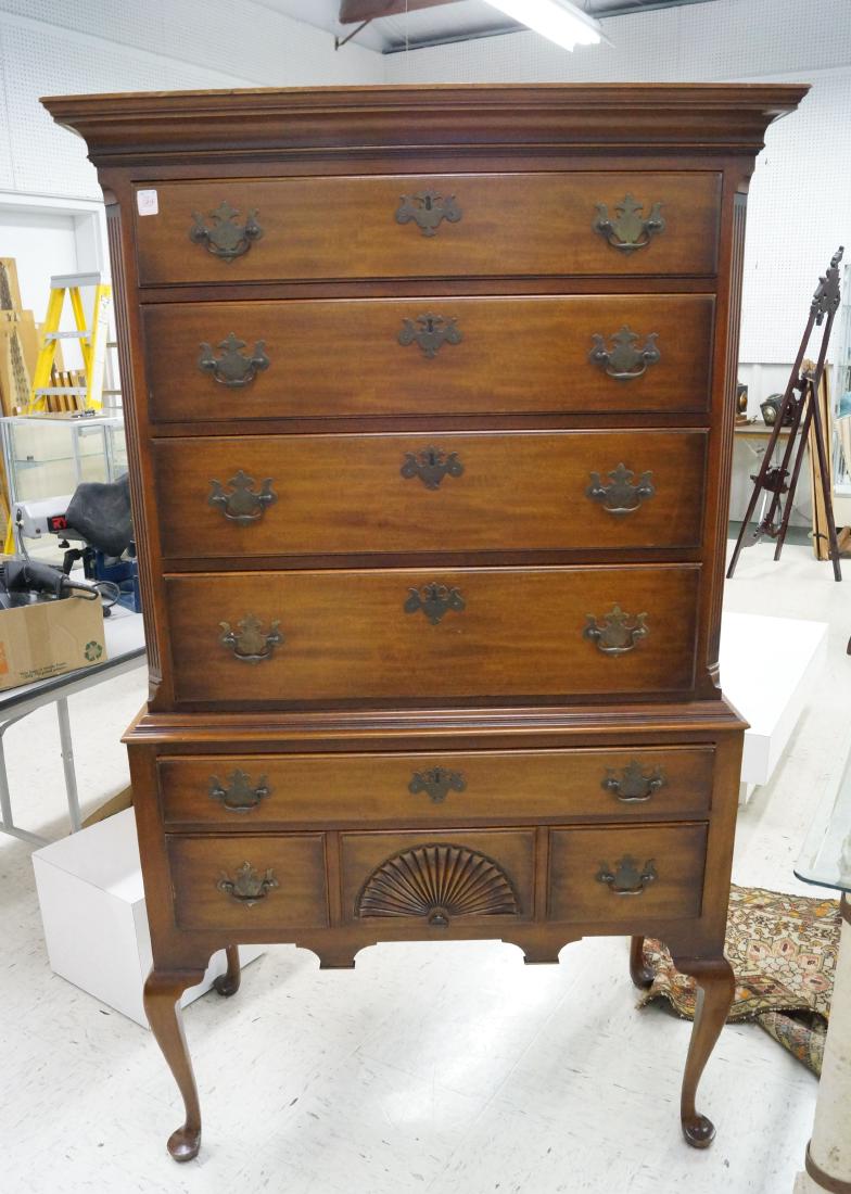 KINDEL QUEEN ANNE STYLE CARVED MAHOGANY HIGH BOY.: KINDEL QUEEN ANNE STYLE CARVED MAHOGANY HIGH BOY. HEIGHT 67"; WIDTH 38"