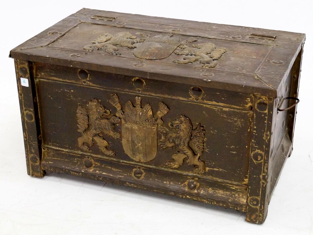 CONTINENTAL BRASS BOUND KINDLING BOX WITH ARMORIAL (1 of 1)