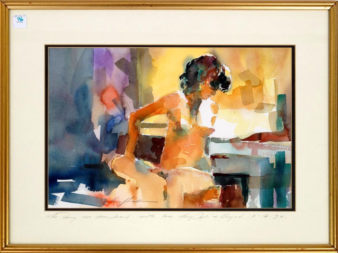 KERRY HALLAM (BRITISH/AMERICAN 1937-), WATERCOLOR, NUDE: KERRY HALLAM (BRITISH/AMERICAN 1937-), WATERCOLOR, NUDE STUDY, SIGNED AND INSCRIBED 2.14.90. SIGHT 12 X 18"; FRAMED AND GLAZED-19 X 25"