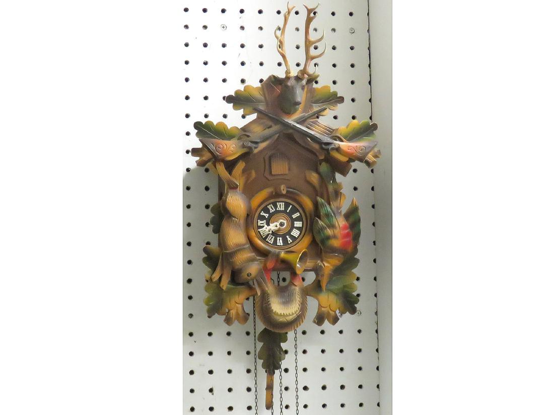 GERMAN BLACK FOREST CARVED CUCKOO CLOCK. HEIGHT 17" (1 of 5)
