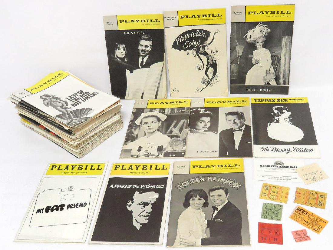 LOT (40) VINTAGE PLAYBILLS AND TICKET STUBS,: LOT (40) VINTAGE PLAYBILLS AND TICKET STUBS, 1960'S-70'S INCLUDING FUNNY GIRL, HELLO DOLLY, A LITTLE NIGHT MUSIC, ETC
