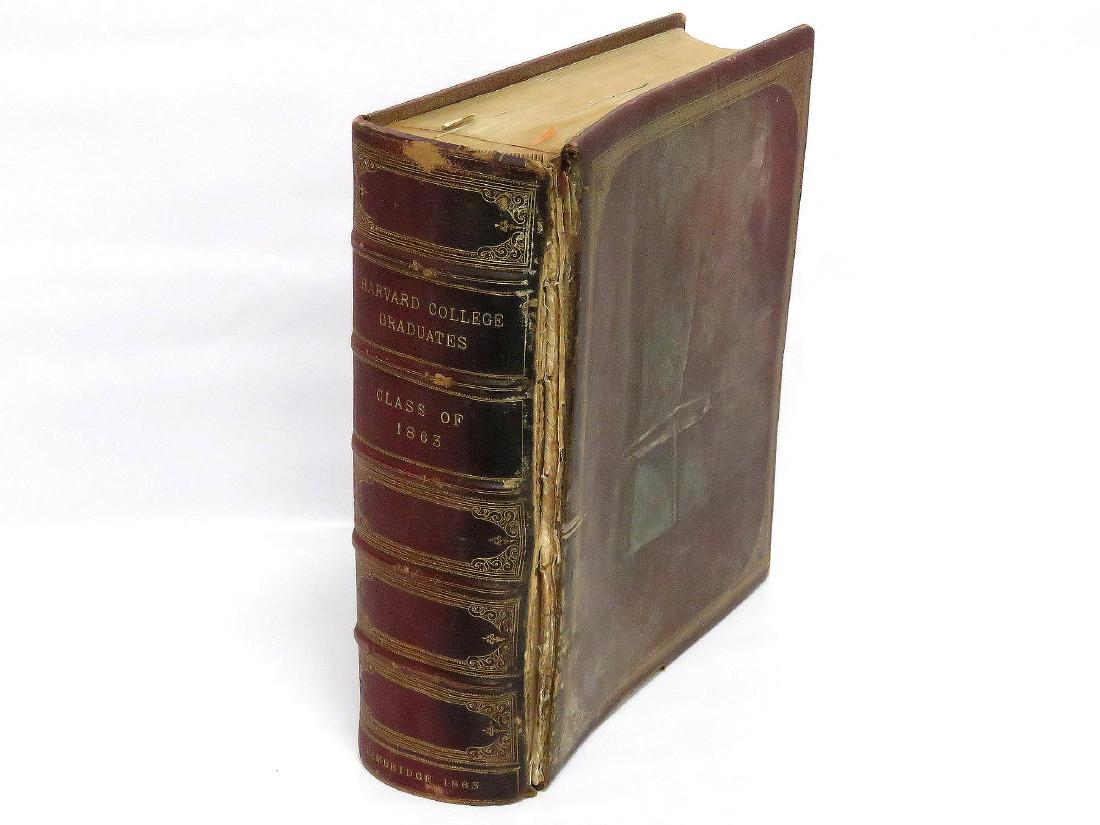 FOLIO ALBUM-HARVARD COLLEGE GRADUATES, CLASS OF 1863.: FOLIO ALBUM-HARVARD COLLEGE GRADUATES, CLASS OF 1863. HEIGHT 14" (FIRST 3RD OF PAGES STUCK & FRONT BOARD DETACHED)