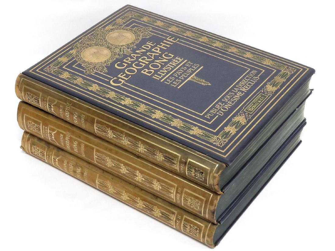 LOT (3) LEATHER BOUND VOLUMES-"GRAND GEOGRAPHIE BONG: LOT (3) LEATHER BOUND VOLUMES-"GRAND GEOGRAPHIE BONG ILLUSTREE, LES PAYS ET LES PEUPLES", RECLUS 1911 (WEAR TO SPINES)