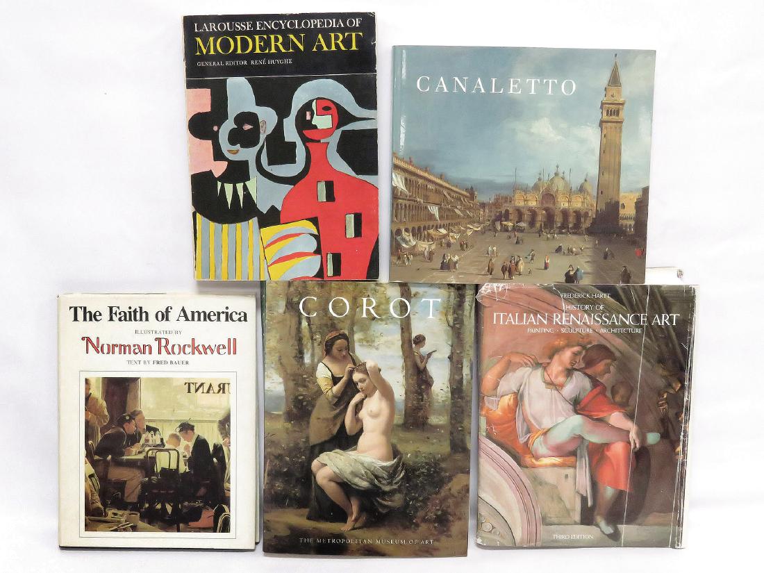 LOT (5) VOLUMES INCLUDING COROT, CANALETTO, NORMAN: LOT (5) VOLUMES INCLUDING COROT, CANALETTO, NORMAN ROCKWELL, ENCYCLOPEDIA OF MODERN ART, HISTORY OF ITALIAN RENAISSANCE ART