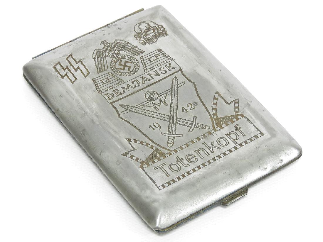 GERMAN WWII WAFFEN SS PANZER DIVISION TOTENKOPF METAL: GERMAN WWII WAFFEN SS PANZER DIVISION TOTENKOPF METAL CIGARETTE CASE, 1942. 4 1/4 X 3" (UN-AUTHENTICATED)