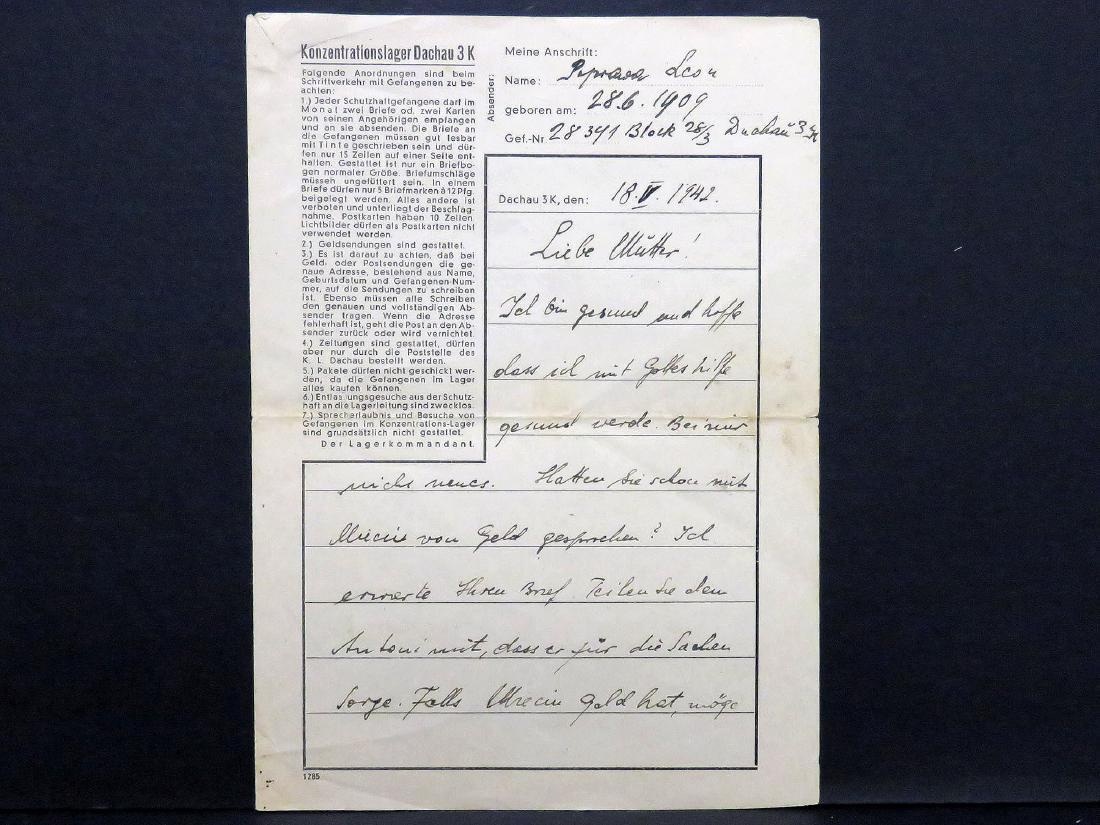 HOLOCAUST-LETTER SENT FROM CONCENTRATION CAMP "DACHAU", (1 of 3)
