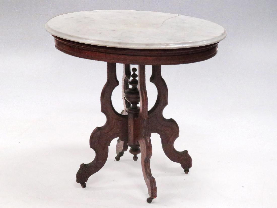 VICTORIAN CARVED WALNUT STAND WITH OVAL MARBLE TOP, (1 of 3)