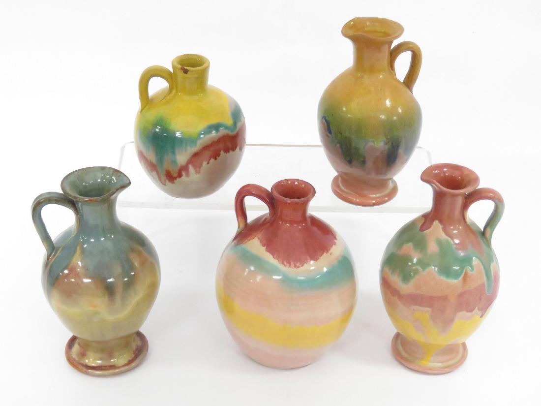 LOT (5) ASSORTED VINTAGE GLAZED REDWARE HANDLED JUGS (1 of 6)