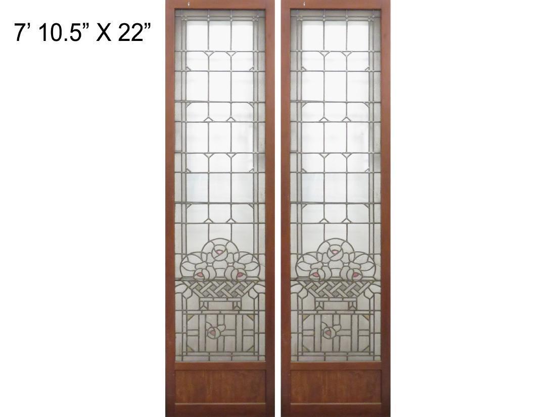 PAIR VINTAGE STAINED AND LEADED GLASS PANELS. 94 1/2 X: PAIR VINTAGE STAINED AND LEADED GLASS PANELS. 94 1/2 X 22"