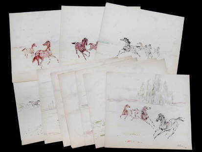 DENES DE HOLESCH (HUNGARIAN/AMERICAN 1910-1983), LOT: DENES DE HOLESCH (HUNGARIAN/AMERICAN 1910-1983), LOT (12) WATERCOLORS ON PAPER, STUDIES OF HORSES, SIGNED AND STAMPED VERSO. SHEETS 18 X 21"